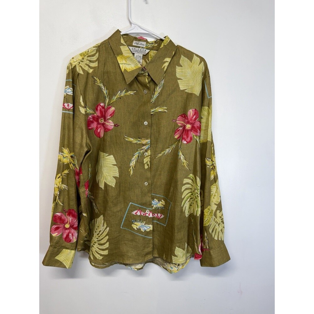 VTG John Paul Richard Top Women Button Shirt 100% Linen Hawaiian Shirt Beaded  L